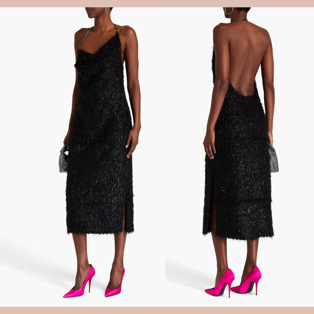 NWT $540 STINE GOYA [ Medium ] Promise Tinsel Halterneck Midi Dress Black #J1789